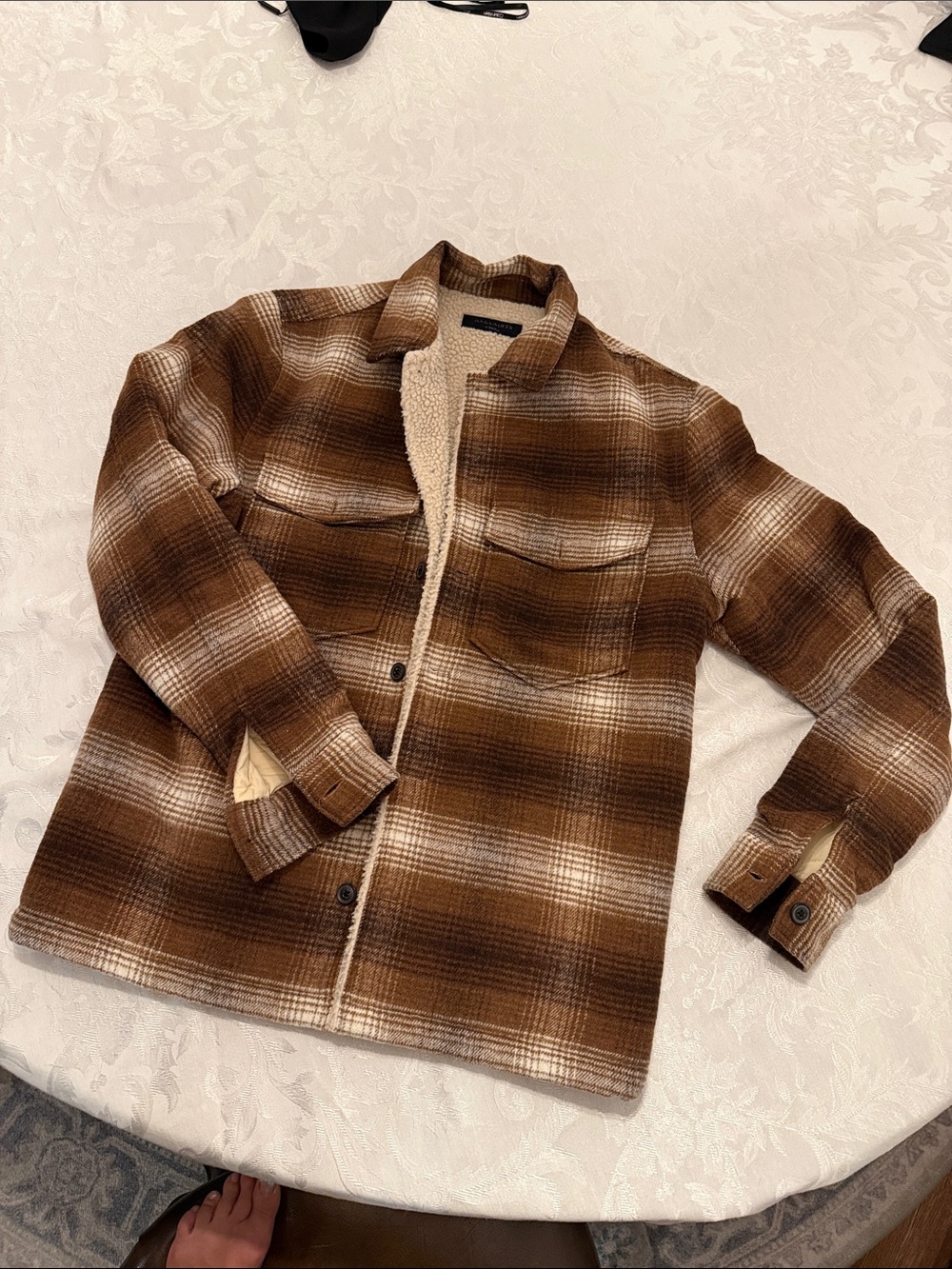 AllSaints Brown Plaid Sherpa-Lined Shirt